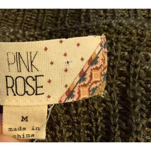 Pink Rose Dark Green Ribbed Knit Sweater Medium Soft 100% Acrylic CottageCore - Picture 7 of 12